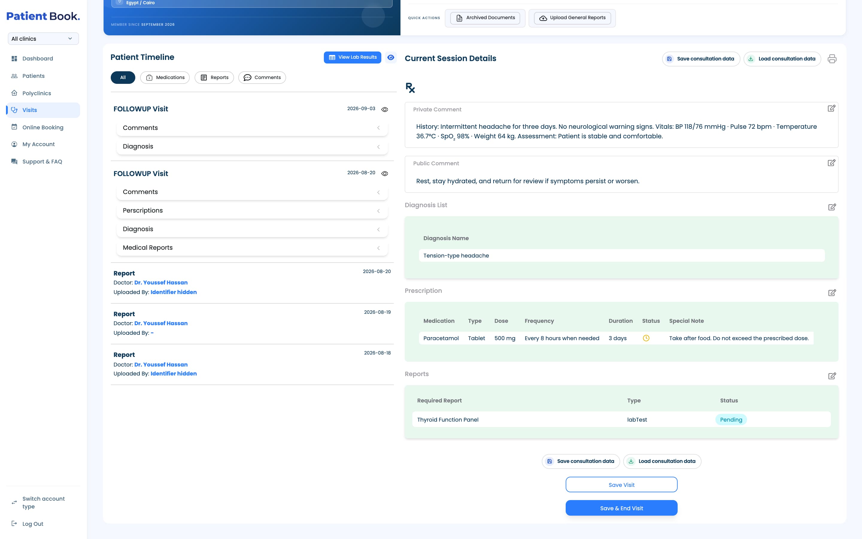 The lower part of Mariam Nassar’s active consultation, showing a full Paracetamol prescription row, a pending thyroid panel, and Save Visit and Save & End Visit buttons.