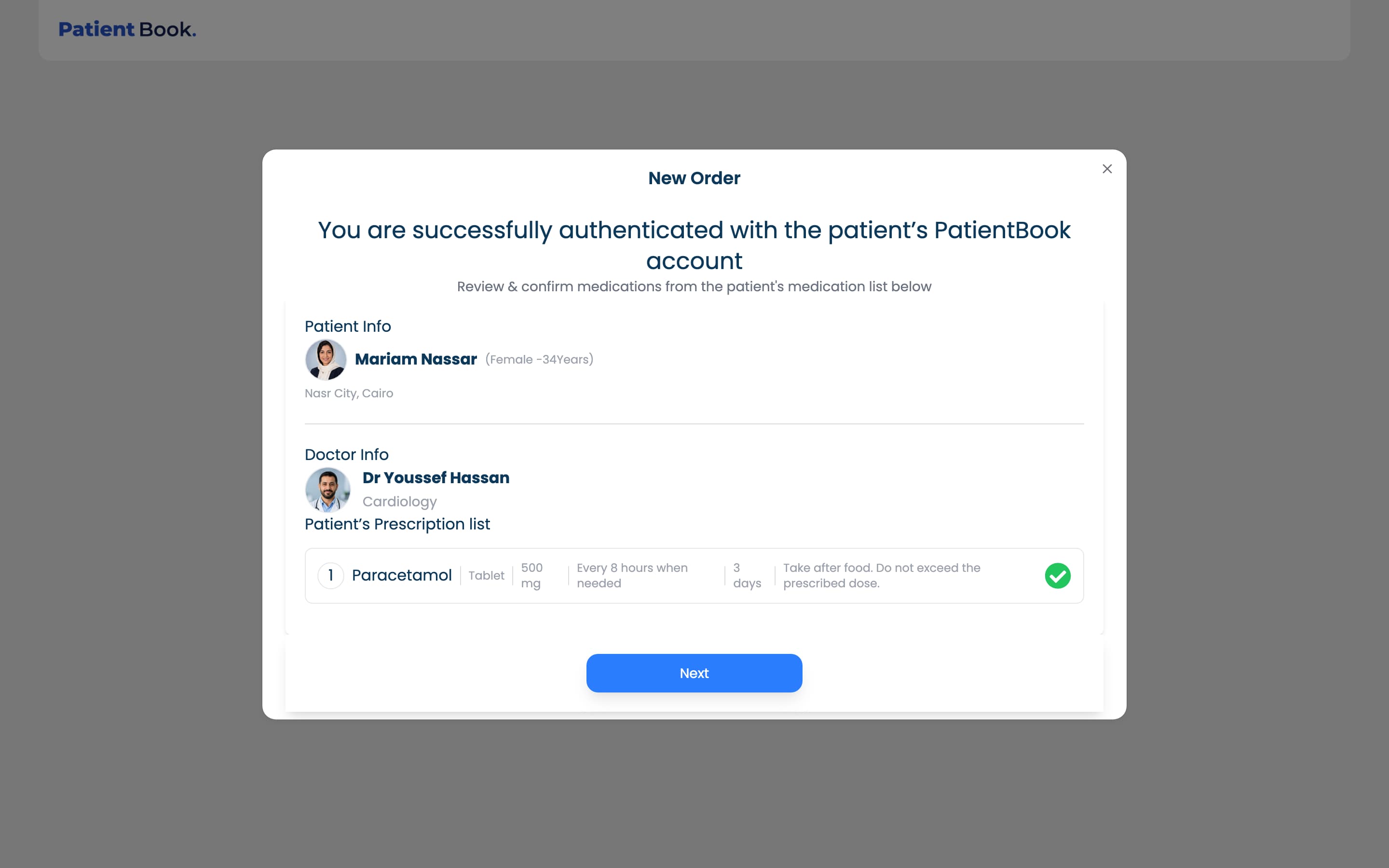 A pharmacy New Order dialog showing Mariam Nassar and Dr Youssef Hassan with matching fictional portraits, a selected Paracetamol prescription and an enabled Next button.