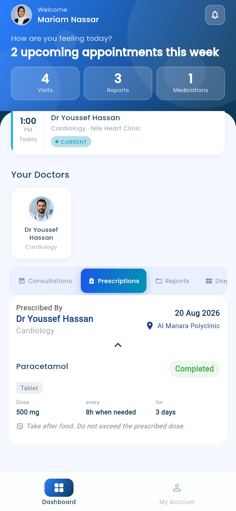 An expanded completed prescription for Mariam Nassar from Dr Youssef Hassan: Paracetamol Tablet, 500 mg, every 8 hours when needed, for 3 days, with instructions.